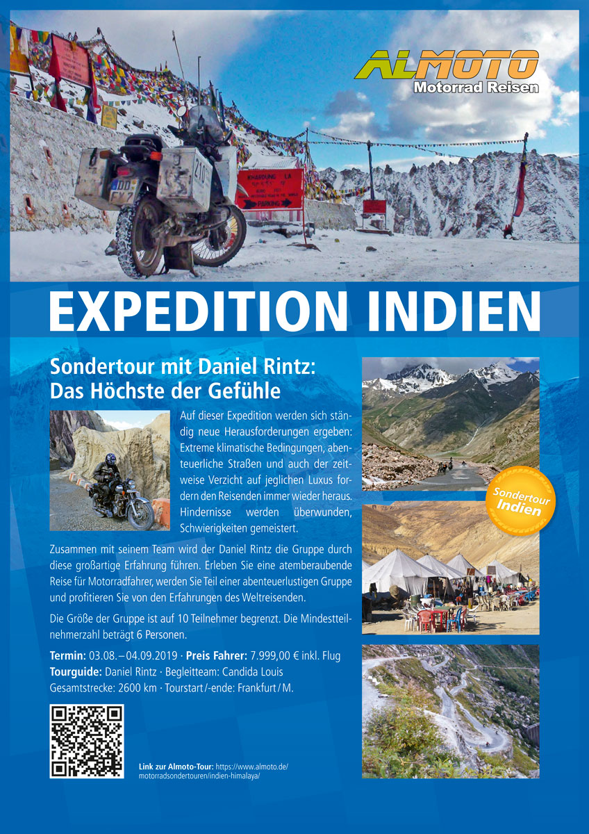 Plakat Almoto Motorradreisen zun Sonderreise in den Himalaya mit Daniel Rintz