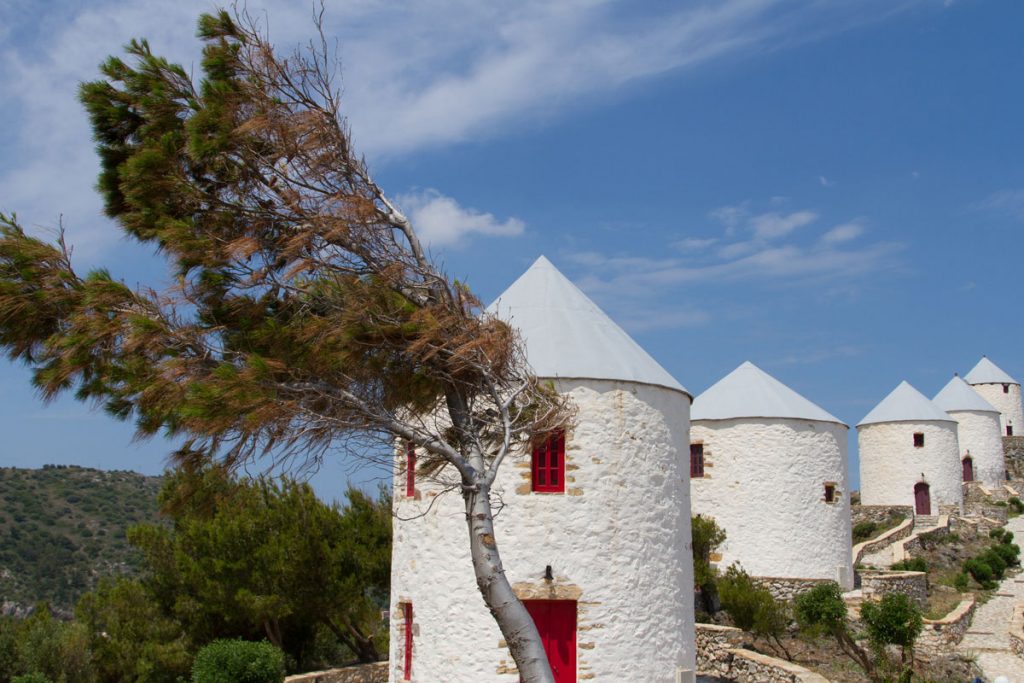 Die Windmühlen Panteli auf dem Weg zur Festung Platanos, Leros