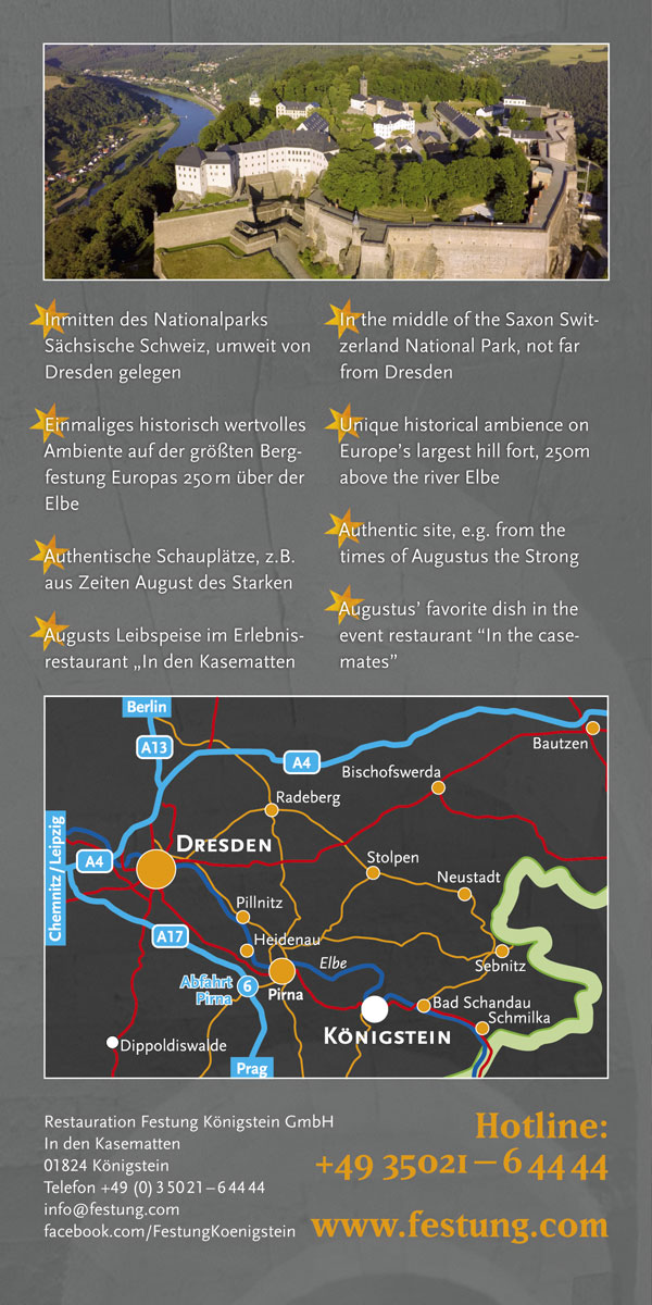 Produktflyer der Restauration Festung Königstein in englischer Sprache