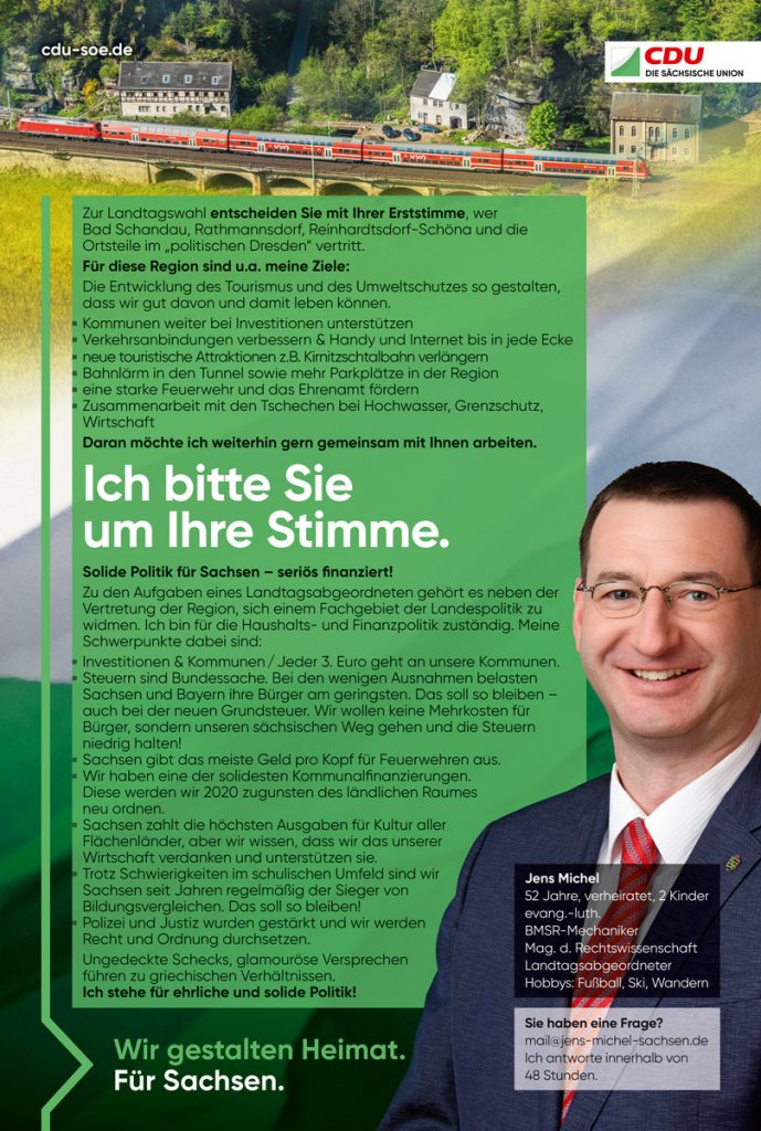 Anzeige für den CDU-Kandidaten Jens Michel zur Landtagswahl in Sachsen