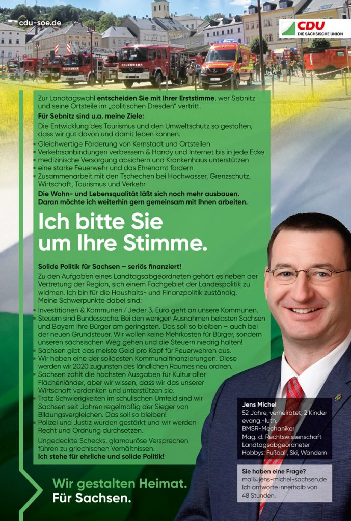 Anzeige für den CDU-Kandidaten Jens Michel zur Landtagswahl in Sachsen