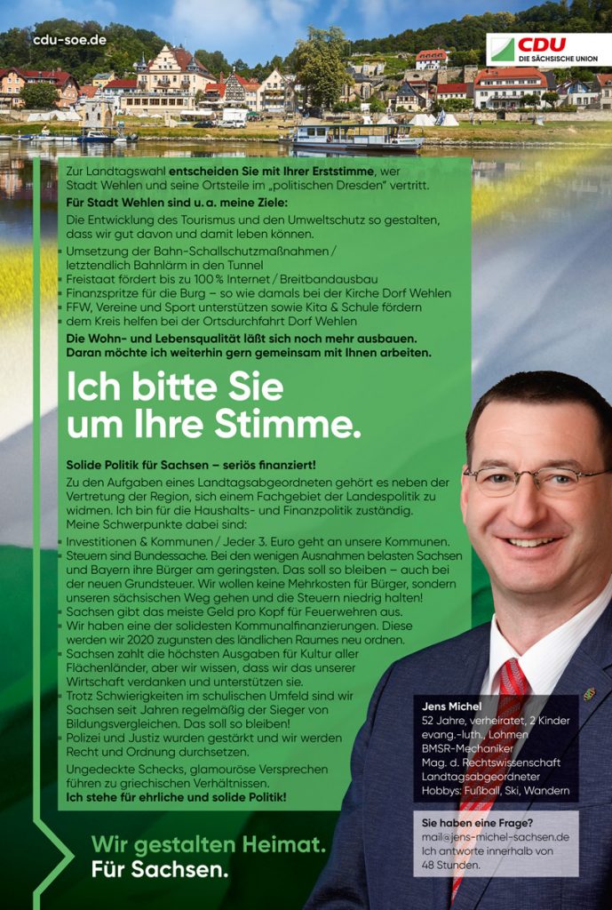 Anzeige für den CDU-Kandidaten Jens Michel zur Landtagswahl in Sachsen