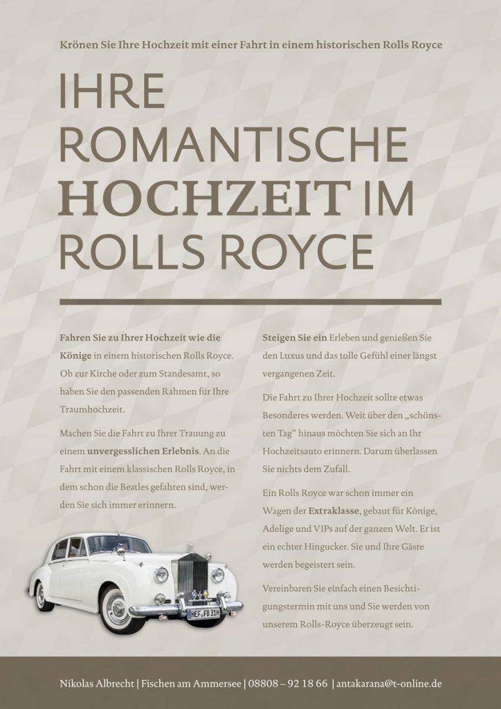 Flyer zum Miet-Rolls-Royce für Hochzeitsmesse