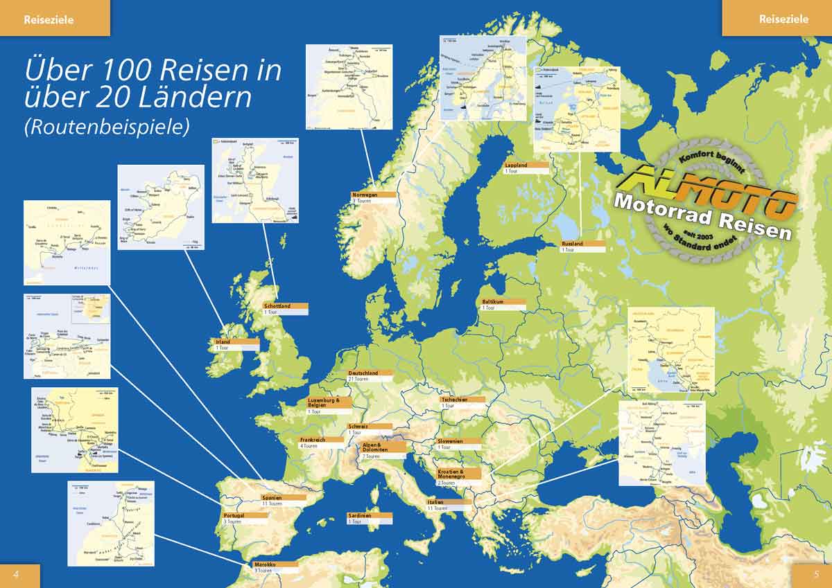 Kataloggestaltung 2018 Almoto Motorradreisen mit großer Karte